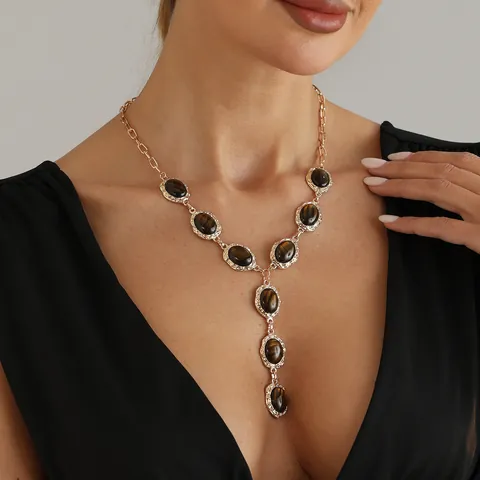 Collana a Y Vintage in Pietra Occhio di Tigre da Donna Incastonatura a Castone Geometrica in Lega ORO Ciondolo Gioielli
