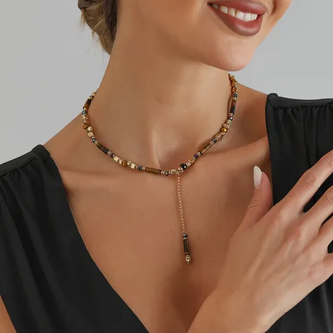 Collier en Perles de Pierre Oeil de Tigre Vintage Bohème Pendentif en Forme de Y Bijoux en Alliage Résine Plastique pour Femmes