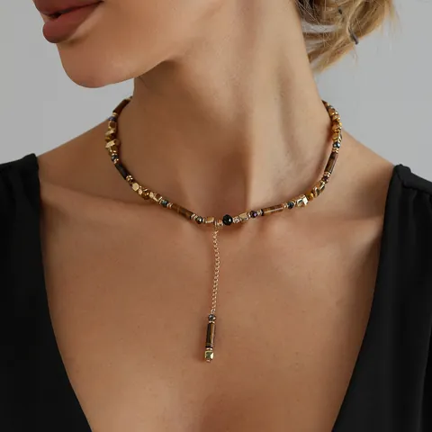 Collier en Perles de Pierre Oeil de Tigre Vintage Bohème Pendentif en Forme de Y Bijoux en Alliage Résine Plastique pour Femmes