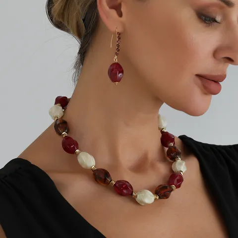 Retro Acrylic Color Block Beaded Necklace Set For Women Vintage Geometric Statement Pendant Necklace And Dangle Earrings