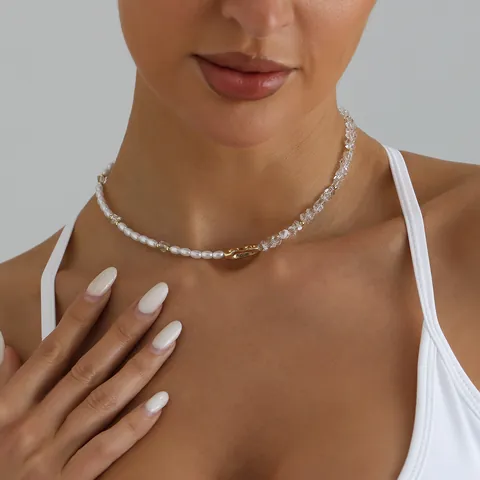 Gargantilla Hecha a Mano de Perlas Barrocas y Cristal Transparente para Mujer Elegante Collar de Aleación con Diamantes de Imitación
