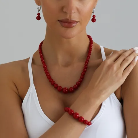 Collier Bracelet Boucles d'Oreilles en Perles Rouges Sexy à la Mode pour Femmes Tendance Européenne Ins Design Bijoux en Perles Plastique