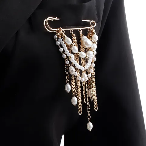 Vintage Alloy Artificial Pearl Wheat Safety Pin Brooch Multi-layer Tassel Chain Gold Fashion Jewelry Accessory for Women