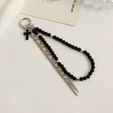 Llavero de Cruz de Cuentas Oscuras Góticas Cadena de Plata de Varias Capas Colgante de Bolso de Puntas Joyería Punk para Mujeres Hombres