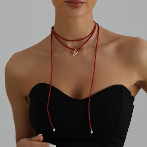 Y2K Red Glass Bead Heart Pendant Necklace Women Long Wrap Gold Alloy Artificial Pearl Street Trendy Boho Jewelry Accessory