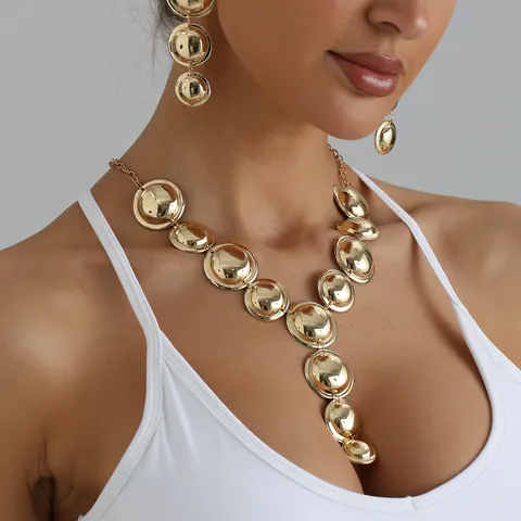 European American Exaggerated Geometric Disc Y Necklace For Women Vintage Metallic Party Dress Jewelry Drop Earrings