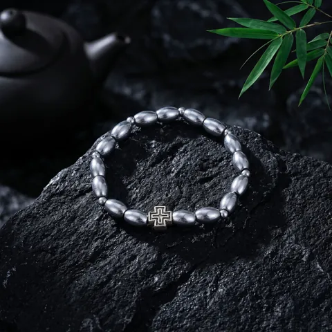 Herren Hämatit Perlenarmband Hip Hop Kreuz Anhänger Kaffeebohnenform Handkette Mode Einfacher Luxusschmuck Geschenk