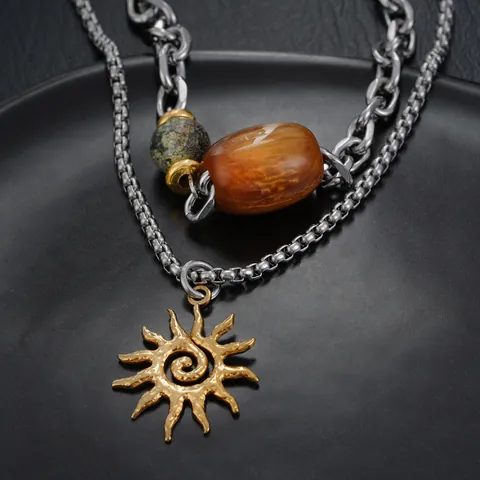Mode Collier Multi Rang en Acier Inoxydable Pendentif Tournesol pour Hommes Femmes Géométrique Alliage Soleil Visage Chaîne Bijoux