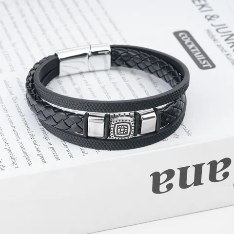 Vintage Braided Leather Bracelet for Men Women Meander Pattern Hip Hop Style Magnetic Clasp Bangle Fashion Jewelry Gift