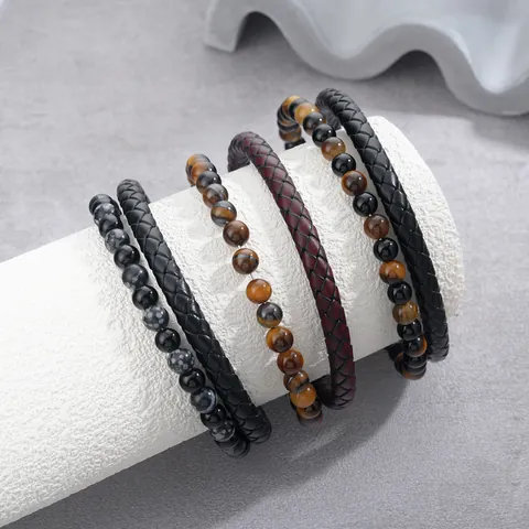 Fashion Natural Yellow Tiger Eye Stone Leather Bracelet For Men Women Stainless Steel Clasp Punk Braided Bangle Jewelry