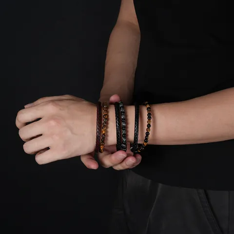 Fashion Natural Yellow Tiger Eye Stone Leather Bracelet For Men Women Stainless Steel Clasp Punk Braided Bangle Jewelry