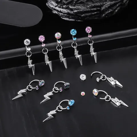 Pendiente de Aro Herradura en Aleación de Titanio y Circonia con Colgante de Rayo para Hombre Mujer Pieza Individual Joyería de Moda
