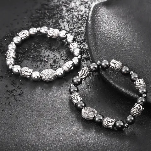 Vintage Hip Hop Buddha Head Bagua Pendant Beaded Bracelet Unisex Fashion Alloy Handmade Religious Charm Jewelry Bracelet