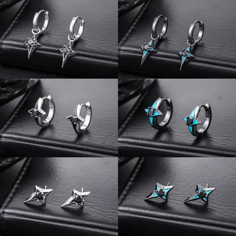 Trendige Kupfer Vierzackiger Stern Creolen Ohrstecker Für Herren Damen Punk Schwarz Silber Blau Strass Kreuz Stern Schmuck Zubehör