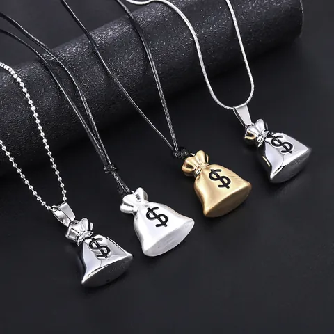 Hip Hop Money Bag Pendant Necklace For Men Women Stainless Steel Dollar Sign Charm With Leather Cord Snake Chain Jewelry