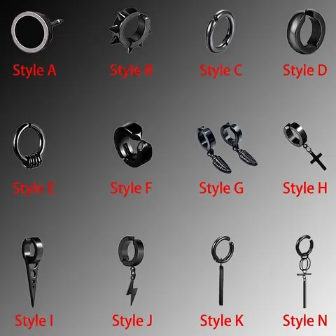 Black Titanium Steel Earrings For Men Women Punk Gothic Stud Earrings Cross Lightning Feather Hoop Ear Clips Minimalist Trendy Jewelry Accessories