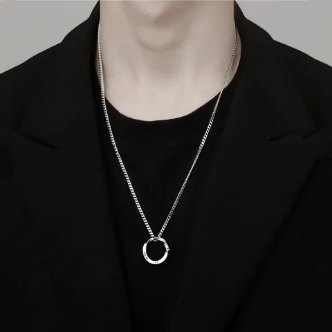 Titanium Steel Mobius Ring Pendant Necklace For Men Minimalist Silver Geometric Twisted Circle Jewelry With Letter Carving