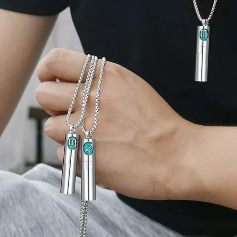 Titanium Steel Twelve Zodiac Perfume Bottle Necklace Hollow Cylinder Essential Oil Diffuser Pendant Necklace Unisex Jewelry