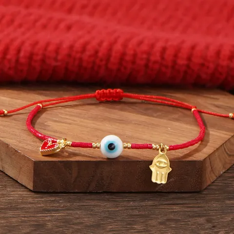 Bohemian Red Handwoven Beaded Bracelet For Women Turkish Evil Eye Hamsa Hand Heart Pendant Friendship adjustable Bracelet Jewelry Gift