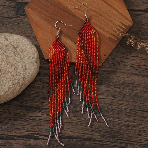 Pendientes de Borla de Cuentas de Colores Hechos a Mano Pendientes Largos de Flecos Bohemios Gancho de Acero Inoxidable