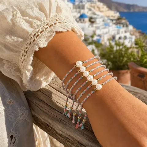 Handmade Braided Rope Bracelets Set For Women Alloy Artificial Pearl Color Block Adjustable Summer Jewelry Bohemian Wristbands