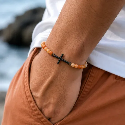 Pulsera de Cruz de Cuentas de Material Mixto Hecha a Mano para Hombres Mujeres Tótem Religioso Joyería Elástica Regalo Cristiano