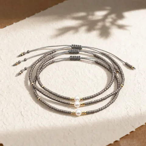 Handmade Beaded Bracelet Set For Women Stylish OL Geometric Mixed Materials Artificial Pearl Adjustable Braided Rope Stacking Bracelet Jewelry