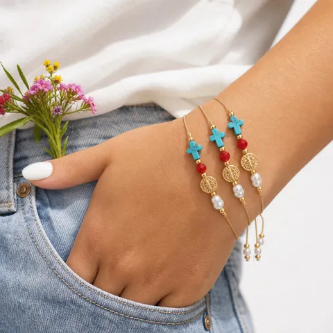 Handmade Woven Beaded Rope Bracelet Mixed Materials Artificial Pearl Metal Totem Adjustable Religious Cross Jewelry For Men Women
