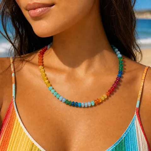 Handmade Colored Geometric Beaded Necklace For Women Mixed Material Rainbow Gradient Clavicle Chain Daily Beach Jewelry Gift