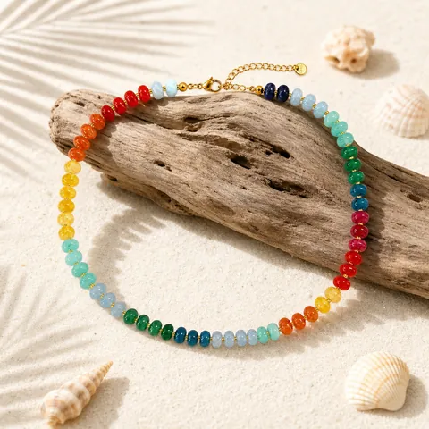 Handmade Colored Geometric Beaded Necklace For Women Mixed Material Rainbow Gradient Clavicle Chain Daily Beach Jewelry Gift