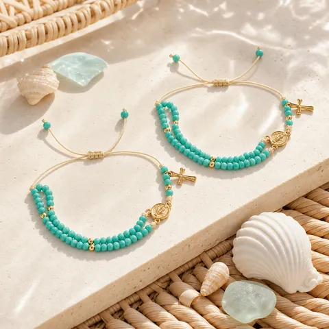 Vintage Handmade Beaded Bracelet For Women Double Layer Adjustable Cord Cross Coin Pendant Retro Jewelry Beach Souvenir