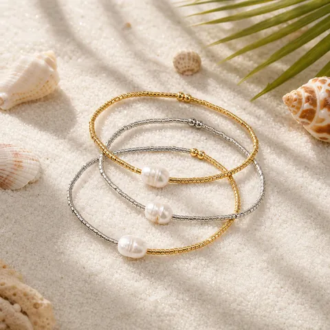 Minimalist Beaded Bracelet Set For Women With Freshwater Pearl Geometric Gold Silver Plated Metal Beads Fashion Jewelry