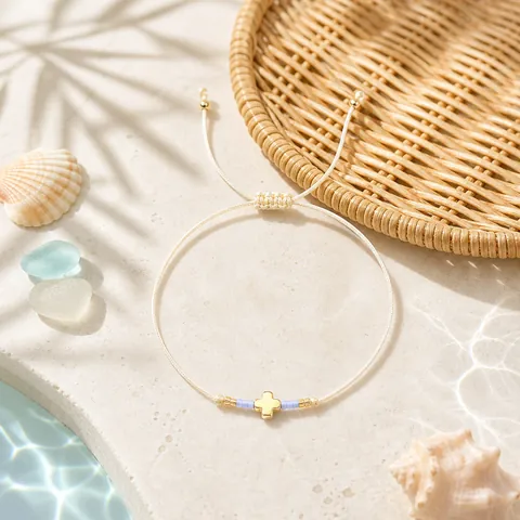 Handmade Woven Cross Bracelet for Women Niche Design Adjustable Seed Bead Rope Chain Alloy Gold Plated Religious Jewelry