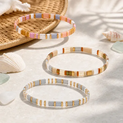 Pulsera Bohemia Colorida Tila Bead Para Mujer Vidrio Geométrico Esmalte Apilable Verano Playa Joyería Accesorios