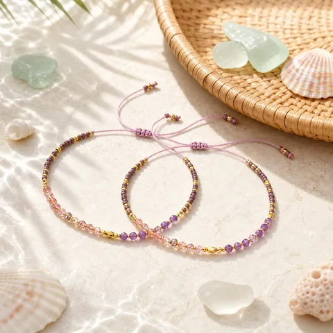 Bracelet Perlé Tissé à la Main Bohème Pour Femmes Alliage Pierre Artificielle Cordon Couleurs Mixtes Violet Rose Dégradé Empilable Ajustable Bijoux Vacances