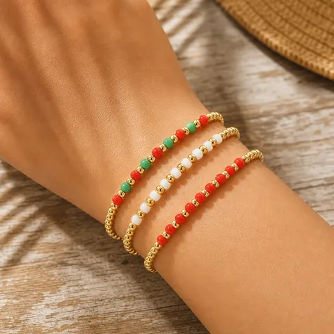 Women Christmas Beaded Bracelet Set Alloy Metal Beads Festive Party Jewelry Gift Handmade Three Piece Bracelet