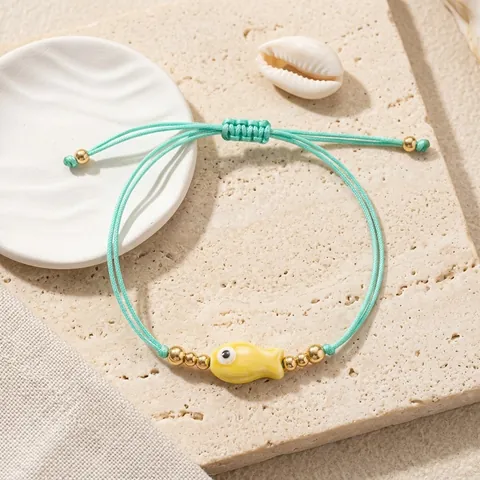 Bracelet Tissé en Poisson Vert Menthe Réglable pour Femmes Style Océan d'Été Pendentif Poisson en Résine Fait Main Perles en Alliage Bijoux Cadeau