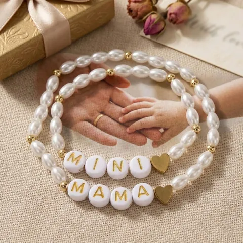 MAMA MINI Σετ Βραχιόλια Μαμά Κόρη Τεχνητό Μαργαριτάρι Καρδιά Γράμμα Χειροποίητο Κοσμήματα Δώρο για Γυναίκες Κορίτσια Καθημερινό
