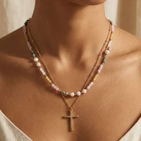 Bohemian Layered Cross Pendant Necklace For Women Stainless Steel Chain Artificial Pearl Semi-precious Stone Beaded Jewelry
