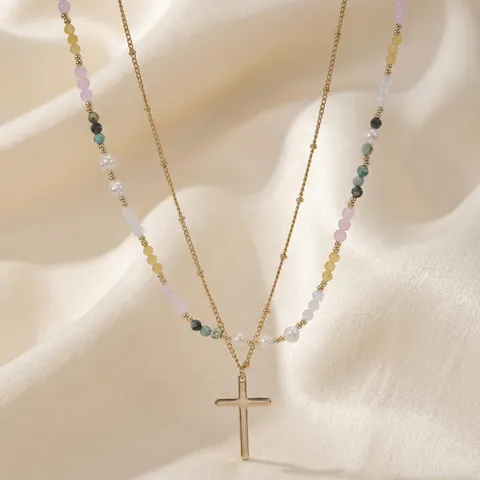 Bohemian Layered Cross Pendant Necklace For Women Stainless Steel Chain Artificial Pearl Semi-precious Stone Beaded Jewelry