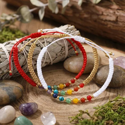 Verstelbare Handgeweven Gevlochten Touw Armband Veelkleurige Natuursteen Gouden Kraal Healing Chakra Yoga Sieraden