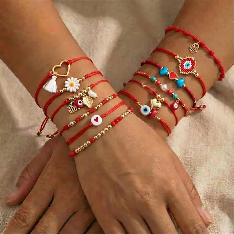 Handmade Braided Red String Bracelet Set Multi Style Evil Eye Heart Hamsa Daisy Charm Adjustable Woven Rope Bracelets For Women Jewelry