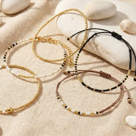 Handmade Bohemian Woven Seed Bead Bracelet Set Black White Gold Contrast Geometric Wish Bracelet For Women Jewelry Gift