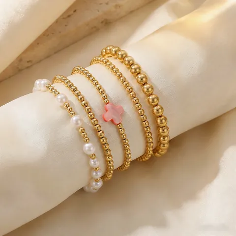 Bohemian Alloy Metal Bead Artificial Pearl Bracelet Set For Women Elegant Cross Pendant Multilayer Beaded Bracelets Daily Jewelry