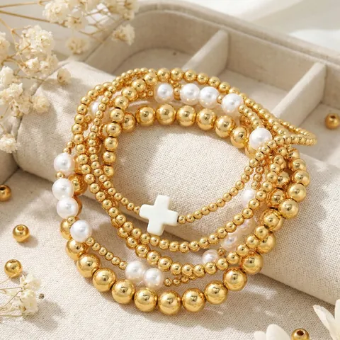 Bohemian Alloy Metal Bead Artificial Pearl Bracelet Set For Women Elegant Cross Pendant Multilayer Beaded Bracelets Daily Jewelry