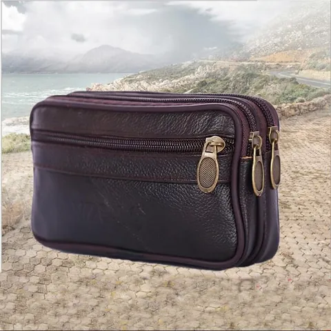 Men's High-Grade Synthetic Leather Waist Bag Casual Lychee Pattern Multi-Layer Zipper Phone Bag Business Travel Belt Bag
