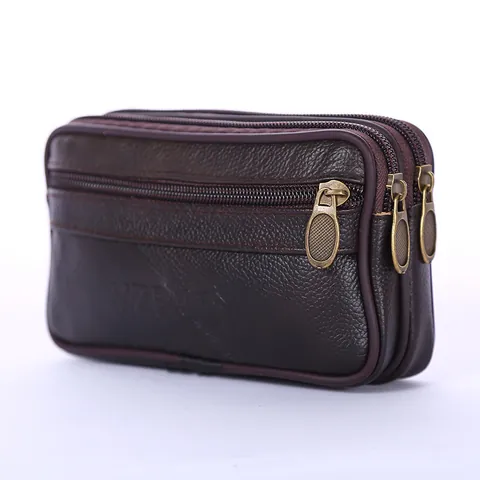 Men's High-Grade Synthetic Leather Waist Bag Casual Lychee Pattern Multi-Layer Zipper Phone Bag Business Travel Belt Bag