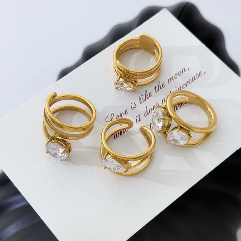 18K Gold Plated Stainless Steel Layered Ring For Women Zirconia Water Drop Oval Geometric Open Adjustable Finger Ring Jewelry