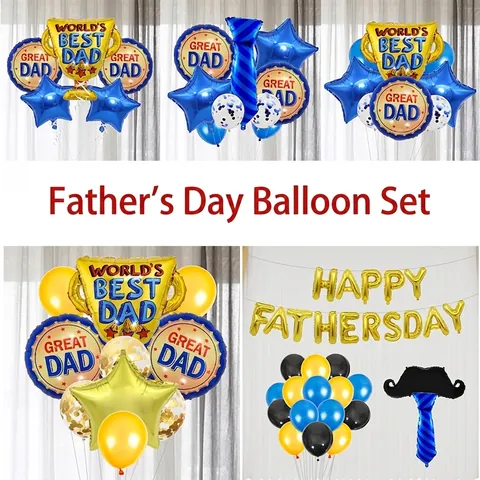 Fathers Day Balloon Decoration Trophy Star Round Aluminum Film Latex Party Balloons World Best Dad Blue Gold Theme Celebration Decor