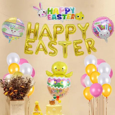 Kit de Decoración de Globos de Película de Aluminio Happy Easter Globos con Forma de Conejo Pollito Huevo para Pascua